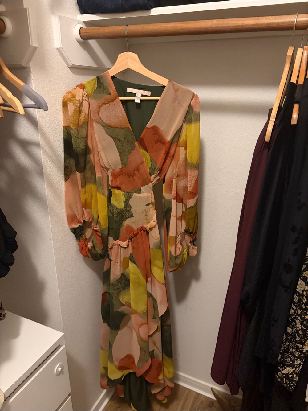 Anthropologie Long Sleeve Wrap Maxi Dress in Olive, Blush, Mustard, Rust